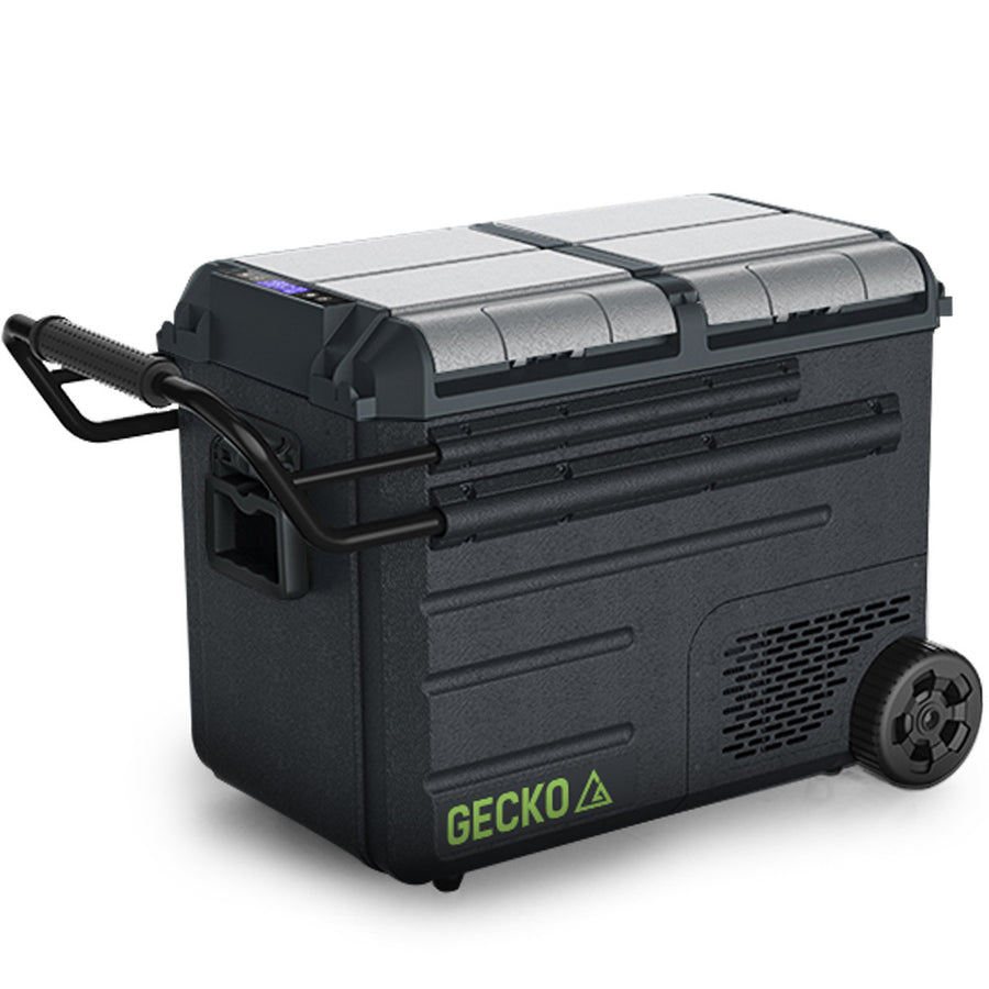 Gecko 55L Dual Zone Portable Fridge Freezer with onboard Lithium Battery, 12V/24V/240V, with 2 Doors, Wheels, for Campin