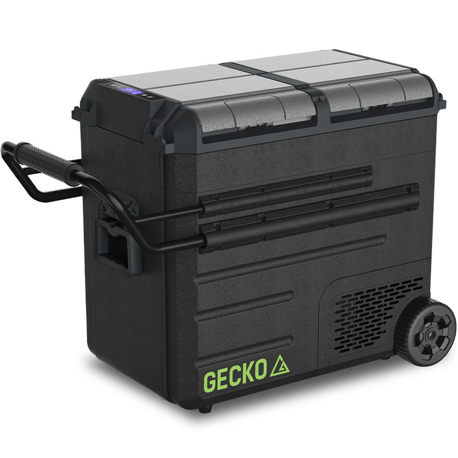 Gecko 65L Dual Zone Portable Fridge Freezer with onboard Lithium Battery, 12V/24V/240V, with 2 Doors, Wheels, for Campin