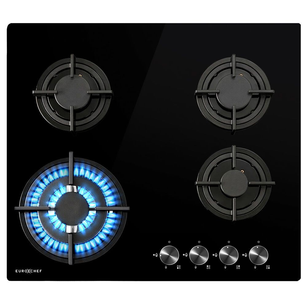 EUROCHEF 60cm 4 Burner Gas Cooktop, with Wok Burner, Tempered Glass, Natural Gas & LPG, Black