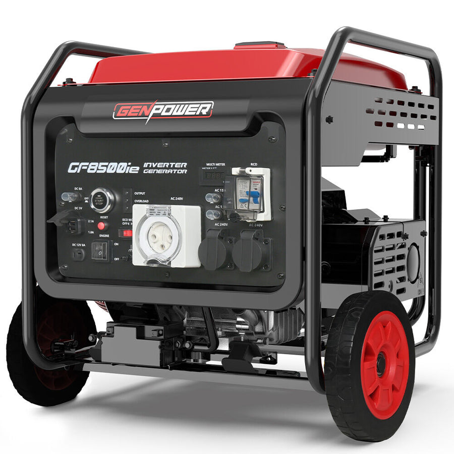 GENPOWER 8.5kW Peak 7.2kw Open Frame Inverter Generator, Push-Button Start, 2x15A, 1x32A, 20L Tank, Wheels, RCD, Portabl