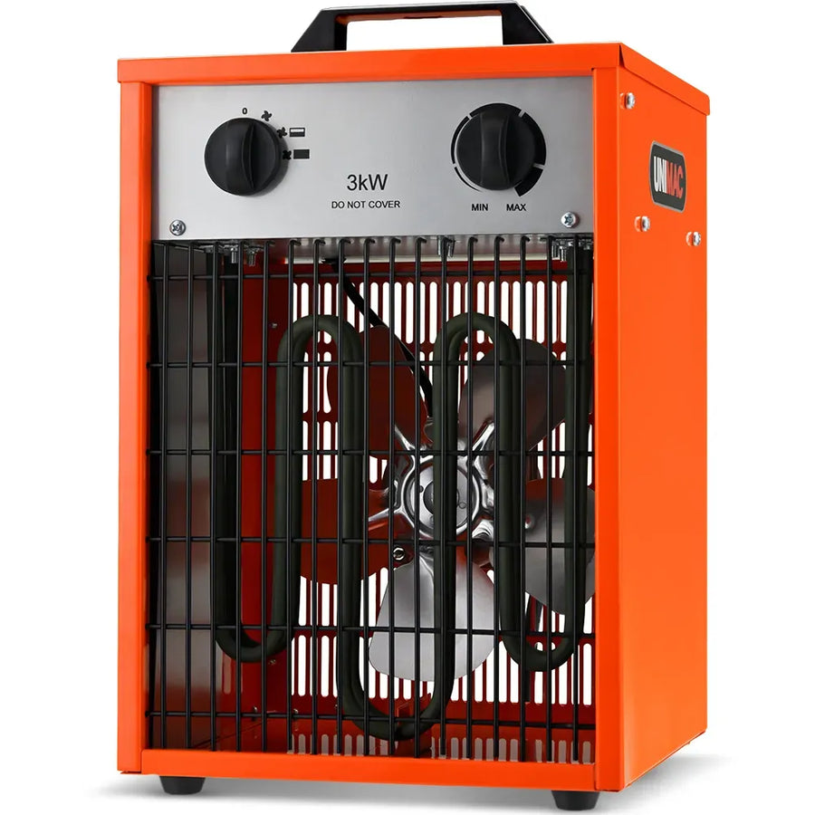 UNIMAC 3kW Industrial Electric Fan Heater, 15A, Adjustable Thermostat, 2 Heat Settings, Fast Heating, Compact Portable Box Design for Workshop and Garage Use