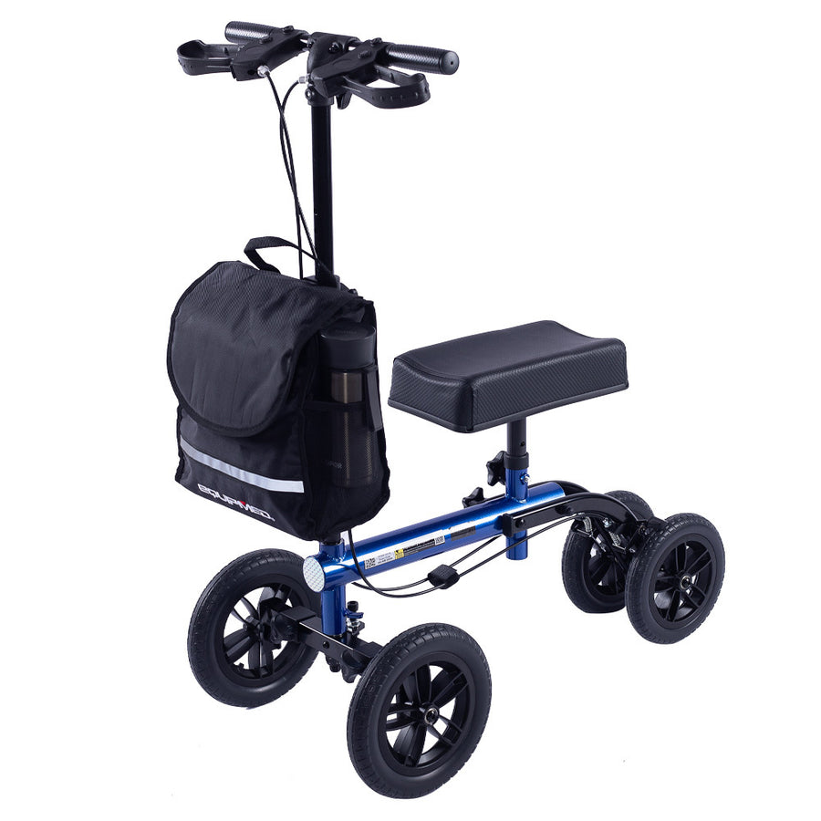 EQUIPMED Knee Scooter Walker, 10 inch Tyres Dual Brakes Bag - Broken Leg Ankle Foot Mobility - Crutches Alternative - Bl