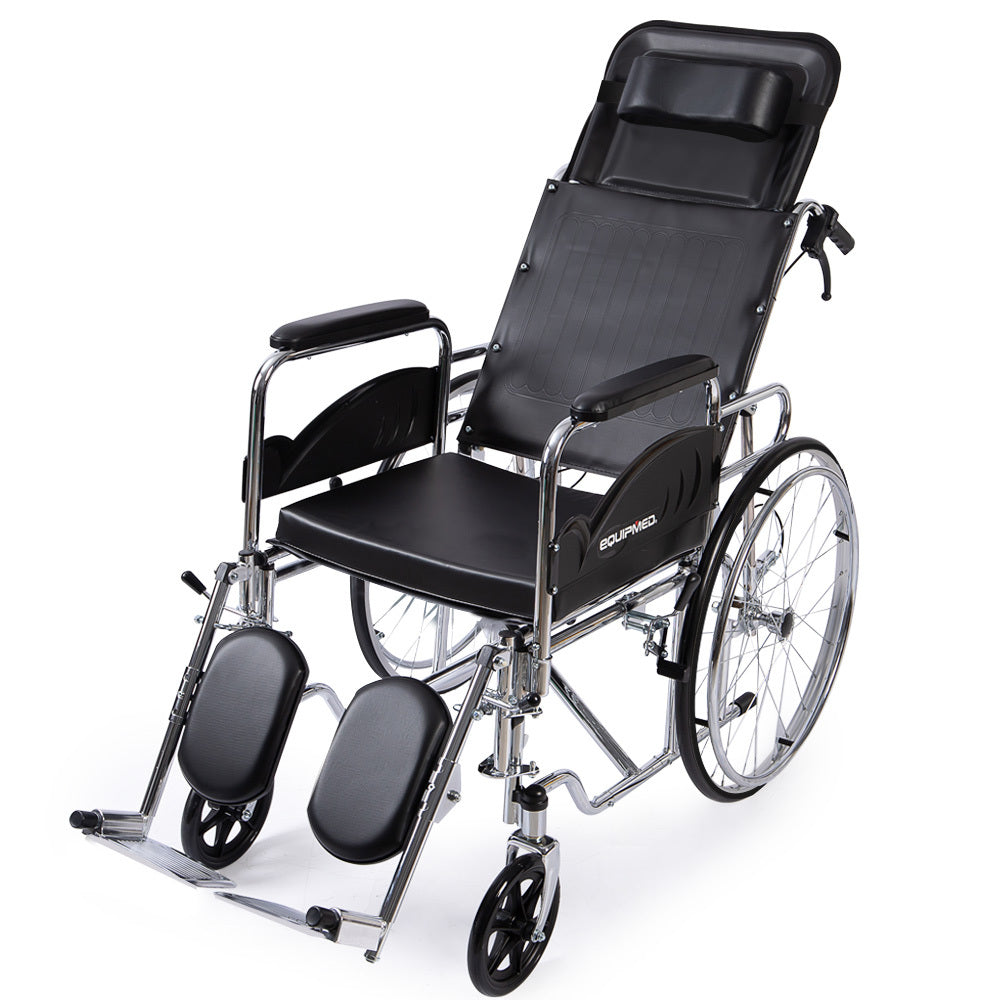 Equipmed Folding Manual Reclining Wheelchair Self Propelled, 24" Rear Wheels, Chrome Steel Frame, 46cm Wide Seat, 100kg 