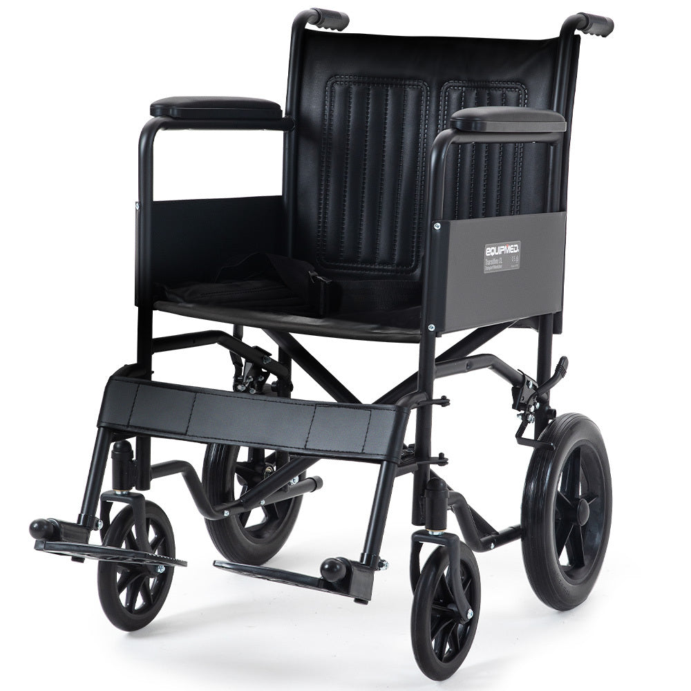 EQUIPMED Folding Transit Manual Wheelchair, Attendant Propelled, Steel Frame, Wide Seat, Comfortable for S-XL, 114kg Cap
