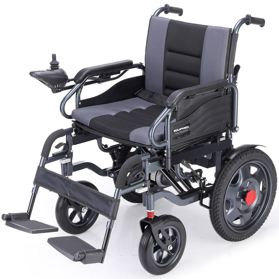 Equipmed Electric Folding Wheelchair, Wide Bariatric Chair Seat, Comfortable for S-XL, Long Range, Lithium Battery, Blac