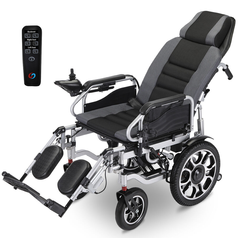 EQUIPMED Power Electric Wheelchair, Long Range, Auto Recline, Lithium Battery, 16" Rear Wheels, Headrest, Folding, Grey/