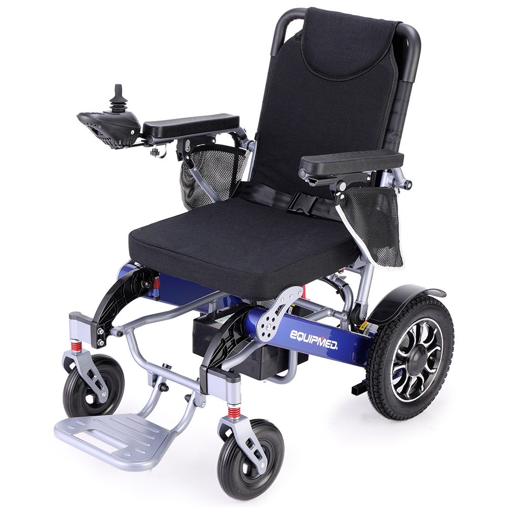 EQUIPMED Power Electric Wheelchair, Long Range, Airline Approved, Folding, Aluminium Frame, Lithium Battery, Blue
