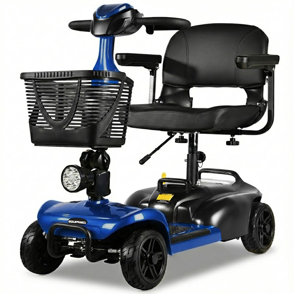 EQUIPMED FreeLite+ Mid-Sized Electric Foldable Mobility Scooter, Lithium Battery, Long Range and Easy Charging, Blue