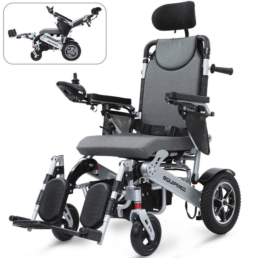 EQUIPMED Power Electric Wheelchair, Folding, ARTG Certified, Recline Adjustment, Headrest, Aluminium Frame, Lithium Batt