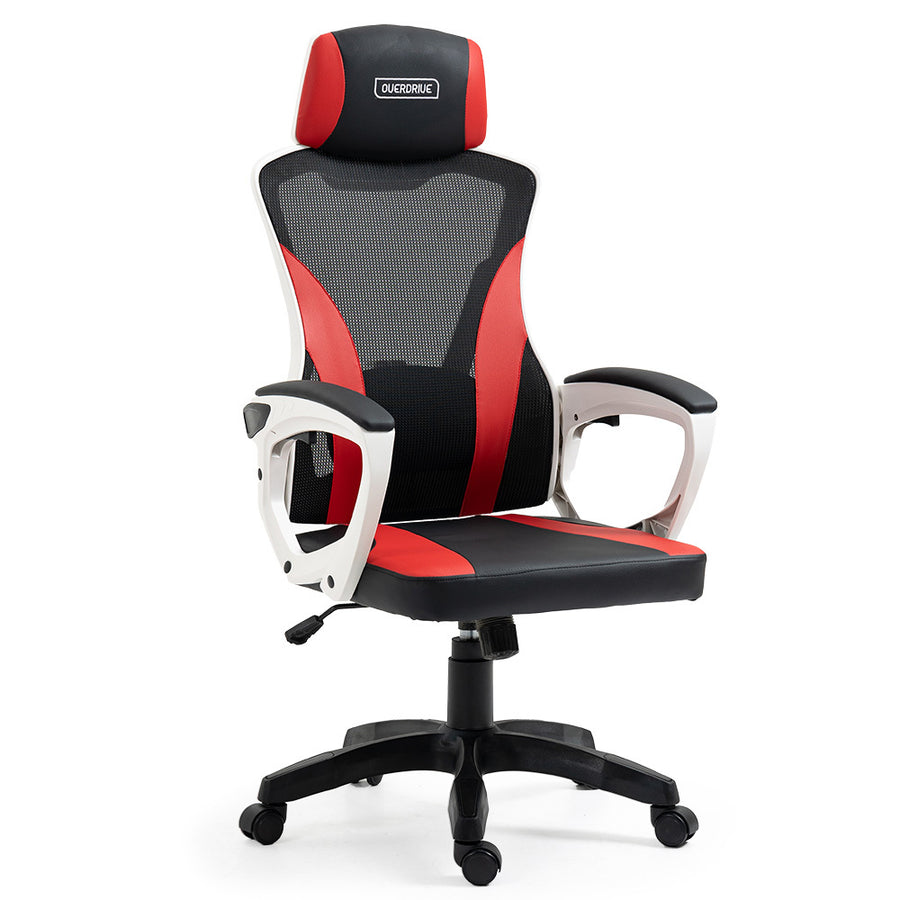OVERDRIVE Ergonomic Office Desk Chair, Height Adjustable Lumbar Support, Mesh Fabric, Faux Leather, Headrest, White/Blac