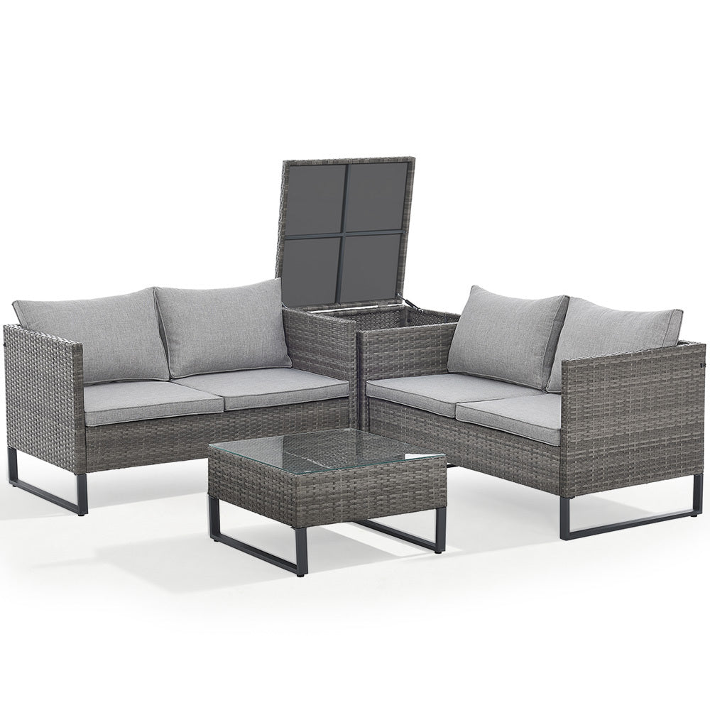 LONDON RATTAN 4 pc Outdoor Furniture Setting, 4 Seater Lounge, Chairs, Coffee Table and Storage Box, for Outdoors Garden