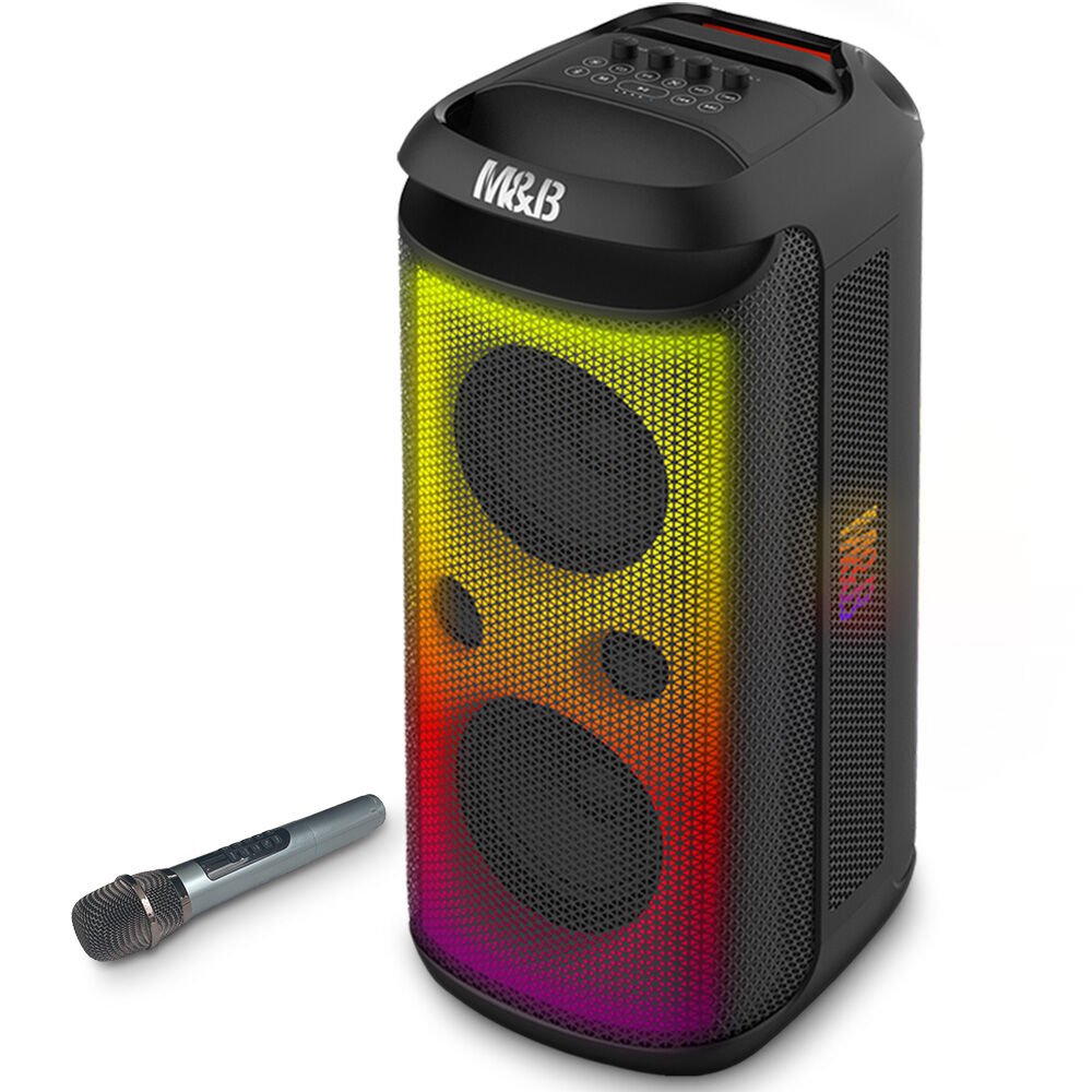 M&B Portable Splash Proof 120W Bluetooth Party Speaker with Karaoke Microphone, IPX4, TWS Pairing, Multi-Input, Lithium 