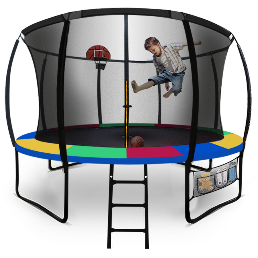 UP-SHOT 12ft Round Kids Trampoline with Curved Pole Design, Basketball Set and Sprinkler Accessory, Black and Multi-colo