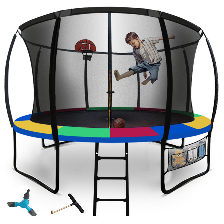UP-SHOT 10ft Round Kids Trampoline with Curved Pole Design, Basketball Set and Sprinkler Accessory, Black and Multi-Colo