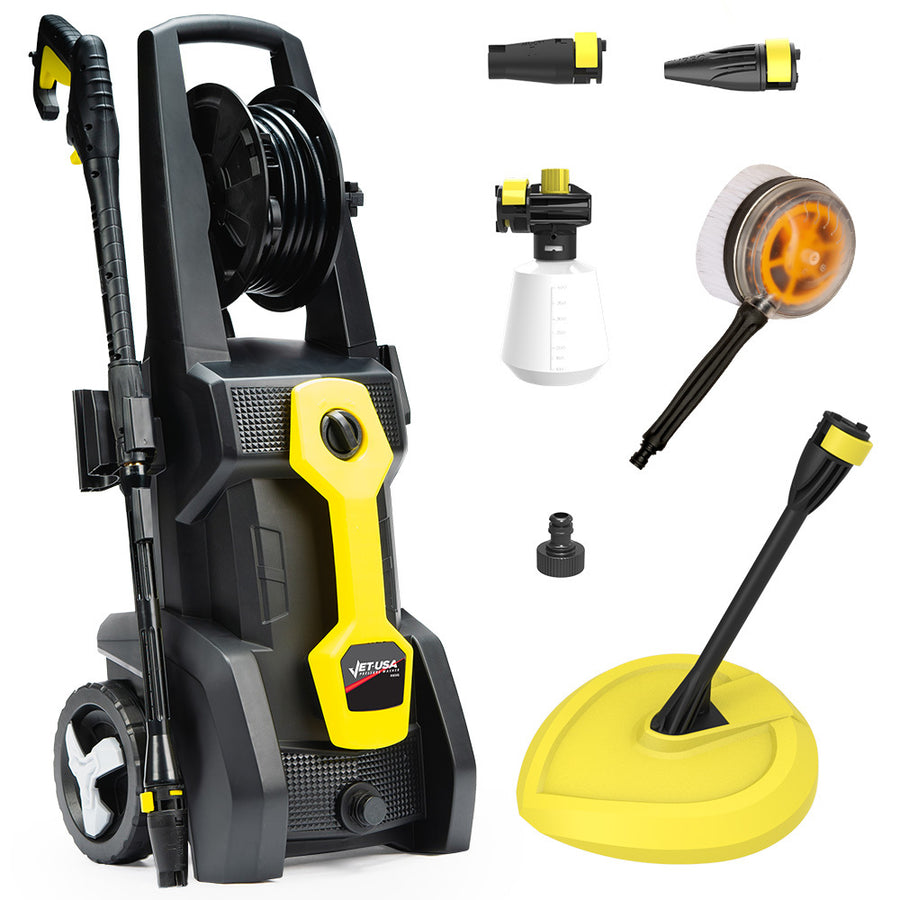 JET-USA RW545 Electric High Pressure Washer, 3000PSI Water Cooled Motor, 2 Nozzles, Brush Head, Deck Cleaner, Detergent 