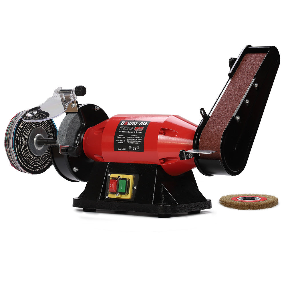 BAUMR-AG Bench Grinder Sander and Polisher Combo, 150mm Grinding Wheel, 50mm Linisher, 520W Brushless Motor, w/ Wire and