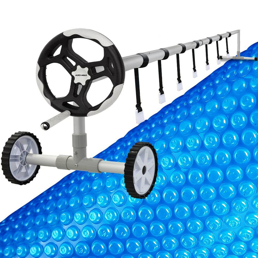 AURELAQUA Pool Cover Roller and 8.5x4.2m Solar Blanket 400 Micron, Blue/Blue