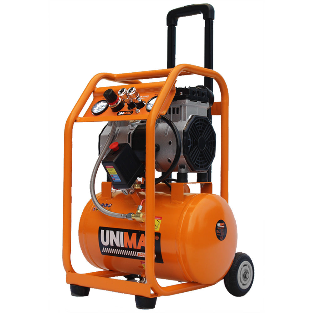 Unimac 16L Silent Oil-Free Electric Air Compressor, 116PSI Portable with Wheels and Handle, Twin Nitto Outlets for Airto