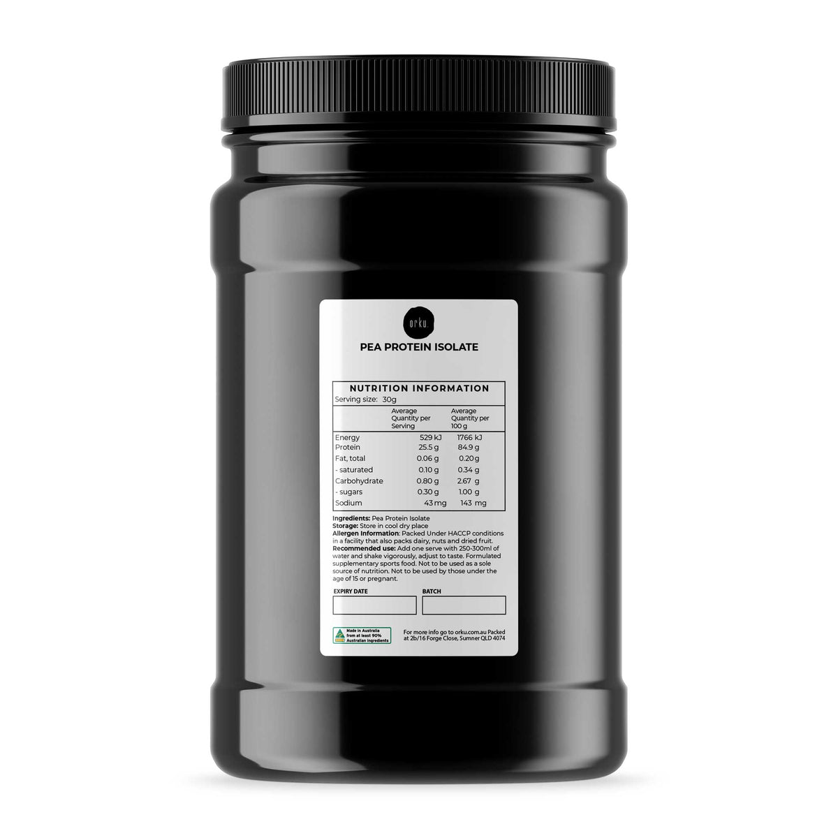 Orku 1kg Pea Protein Isolate Powder - High Protein Plant Based Unsweetened Jar