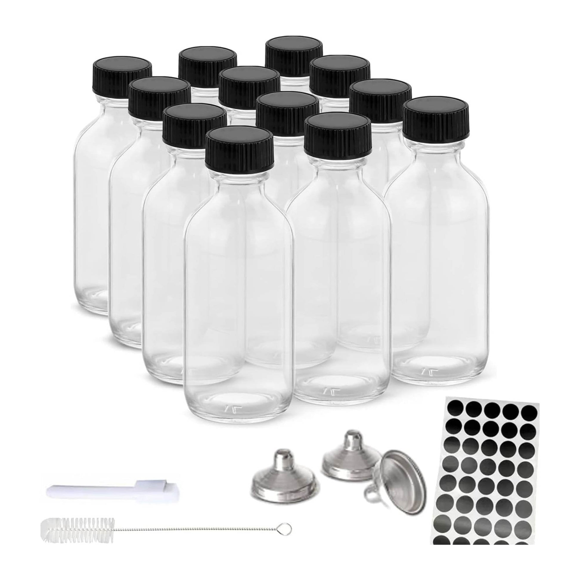 Kitchee 12x 60ml Small Glass Bottles + Lids Funnels Brush Labels Pen