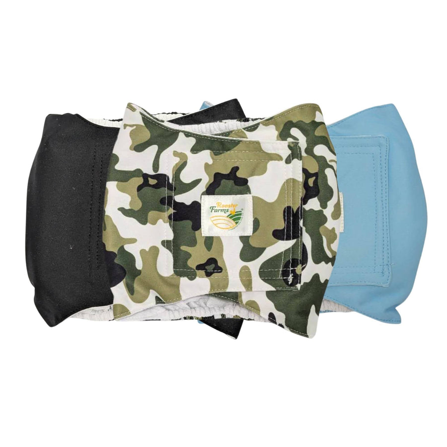 Rooster Farms Male Dog Diapers Large 3Pk - Washable Reusable Nappies Hook/Loop