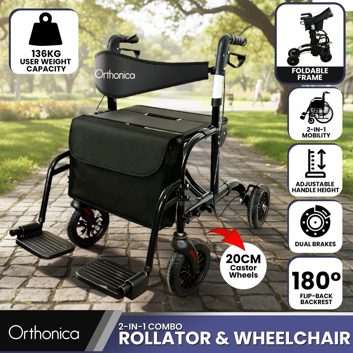 Orthonica Aluminium 2-in-1 Rollator Wheelchair with Foldable Frame – Black & Silver