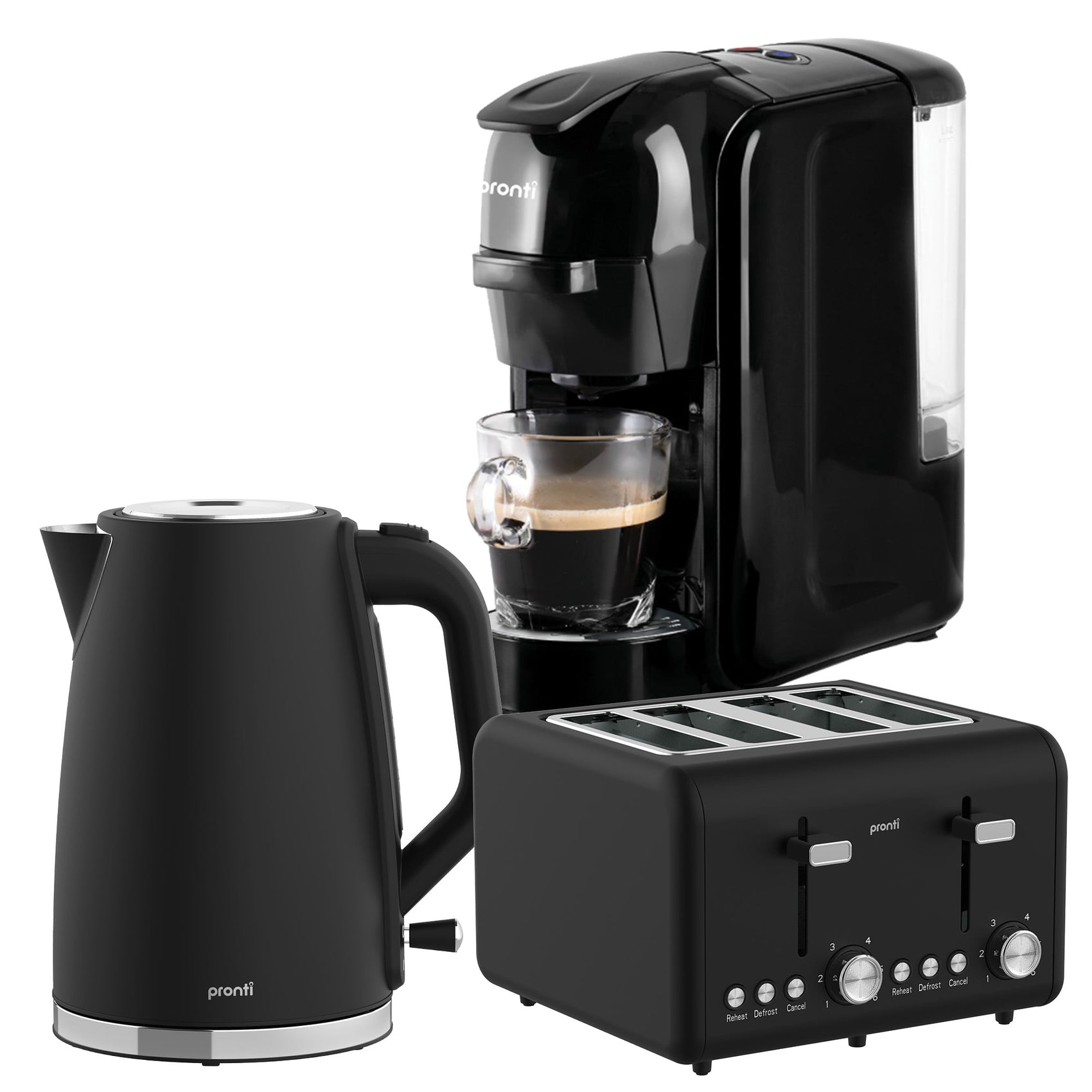 Pronti Breakfast Set with HomeMaid Coffee Machine, Silver Noir Toaster & Kettle