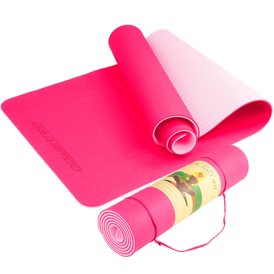 Powertrain Eco-friendly Dual Layer 8mm Yoga Mat | Hot Pink | Non-slip Surface And Carry Strap For Ultimate Comfort And P