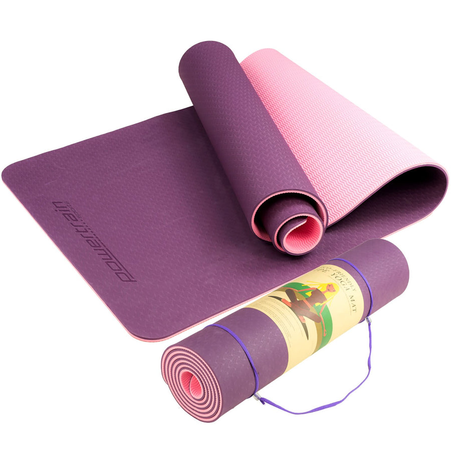 Powertrain Eco-friendly Dual Layer 8mm Yoga Mat | Purple | Non-slip Surface And Carry Strap For Ultimate Comfort And Por