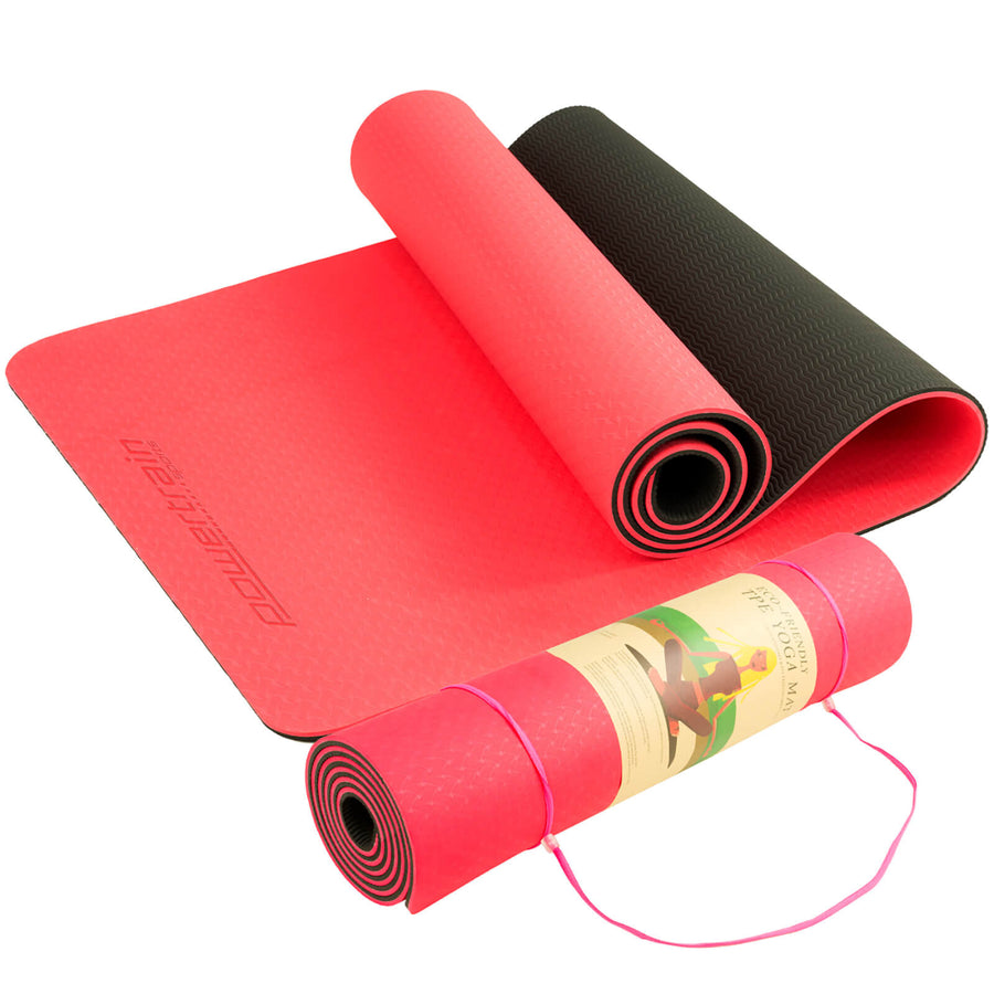 Powertrain Eco-friendly Dual Layer 8mm Yoga Mat | Red Blush | Non-slip Surface And Carry Strap For Ultimate Comfort And 