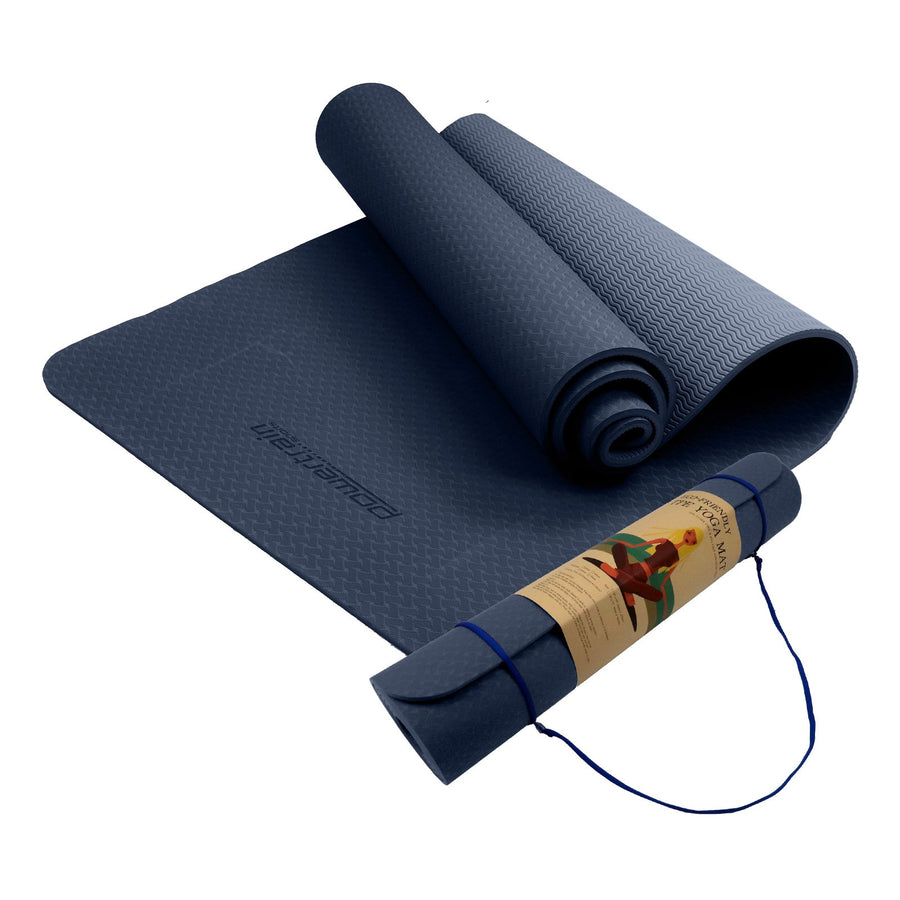 Powertrain Eco-friendly Dual Layer 6mm Yoga Mat | Navy | Non-slip Surface And Carry Strap For Ultimate Comfort And Porta