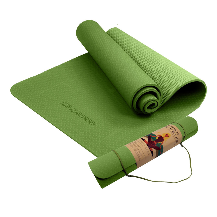 Powertrain Eco-friendly Dual Layer 6mm Yoga Mat | Olive | Non-slip Surface And Carry Strap For Ultimate Comfort And Port