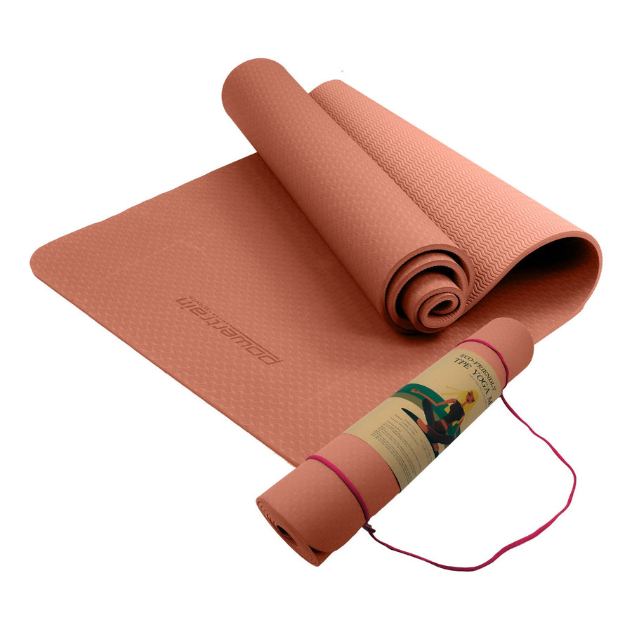 Powertrain Eco-friendly Dual Layer 6mm Yoga Mat | Peach | Non-slip Surface And Carry Strap For Ultimate Comfort And Port