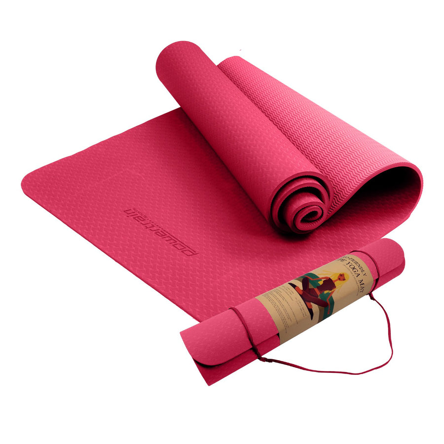 Powertrain Eco-friendly Dual Layer 6mm Yoga Mat | Pink | Non-slip Surface And Carry Strap For Ultimate Comfort And Porta