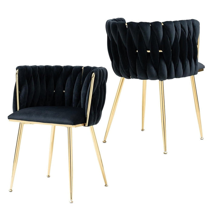 SERENITÃƒÂ  Black Modern Hand Weaving Dining Chairs,Velvet Upholstered Side Chairs with Gold Legs, Chic Vanity Chairs with Armrest, Accent Chair for Dining Room, and Cafe Set of 2