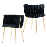 SERENITÃƒÂ  Black Modern Hand Weaving Dining Chairs,Velvet Upholstered Side Chairs with Gold Legs, Chic Vanity Chairs with Armrest, Accent Chair for Dining Room, and Cafe Set of 2