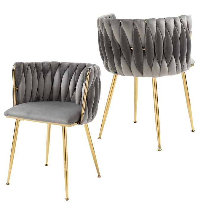 SERENITÃ  Grey Modern Hand Weaving Dining Chairs,Velvet Upholstered Side Chairs with Gold Legs, Chic Vanity Chairs with Armrest, Accent Chair for Dining Room, and Cafe Set of 2