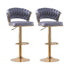 2x Height Grey Velvet Padded Golden Round Base Barstools Chairs