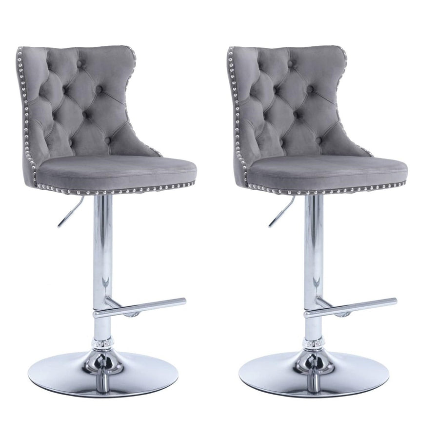 SERENITÃ  Gray Velvet Bar Stools Adjustable Swivel Counter Height Chairs with Tufted Back and Nailhead Trim for Kitchen Island Pub Restaurant (2Pcs, Chrome Metal, Grey)