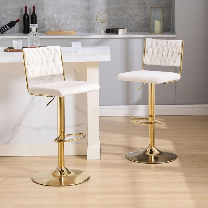 SERENITÃ   2x Velvet Bar Stools with Braided Back Elegant Kitchen High Chairs, Kitchen Island Stools Adjustable Height Swivel Bar Chairs with Gold Legs for Home-White
