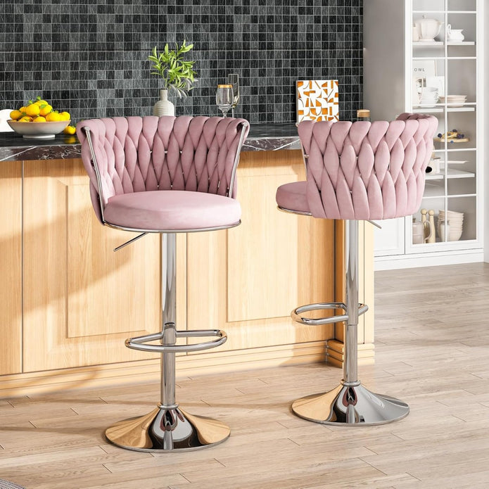 SERENITÃ  Modern Silver Swivel Upholstered Velvet Adjustable Height Counter Stool with Metal Frame Pink (Set of 2)