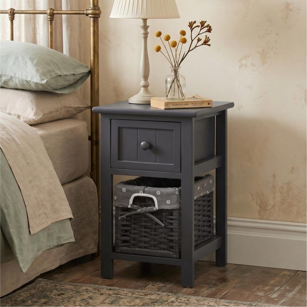 Grey Bedside Table with Wicker Basket