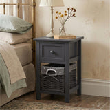 Grey Bedside Table with Wicker Basket