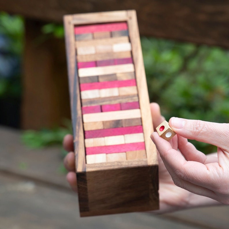 Stacking tumbling blocks wood Red colours balance game with dice play options handmade stacking Fun Board Games Kids Age