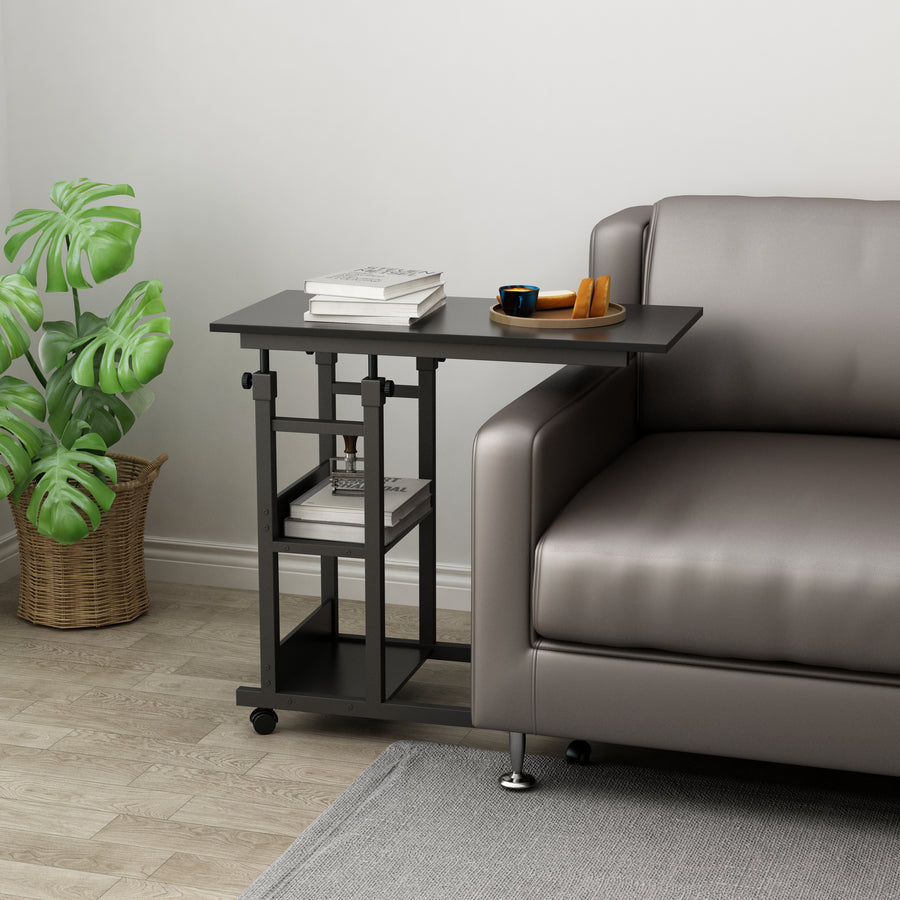 YES4HOMES Side Table with Storage Shelves, Height Adjustable Sofa Couch Coffee End Table Bedside Table Laptop Desk with 