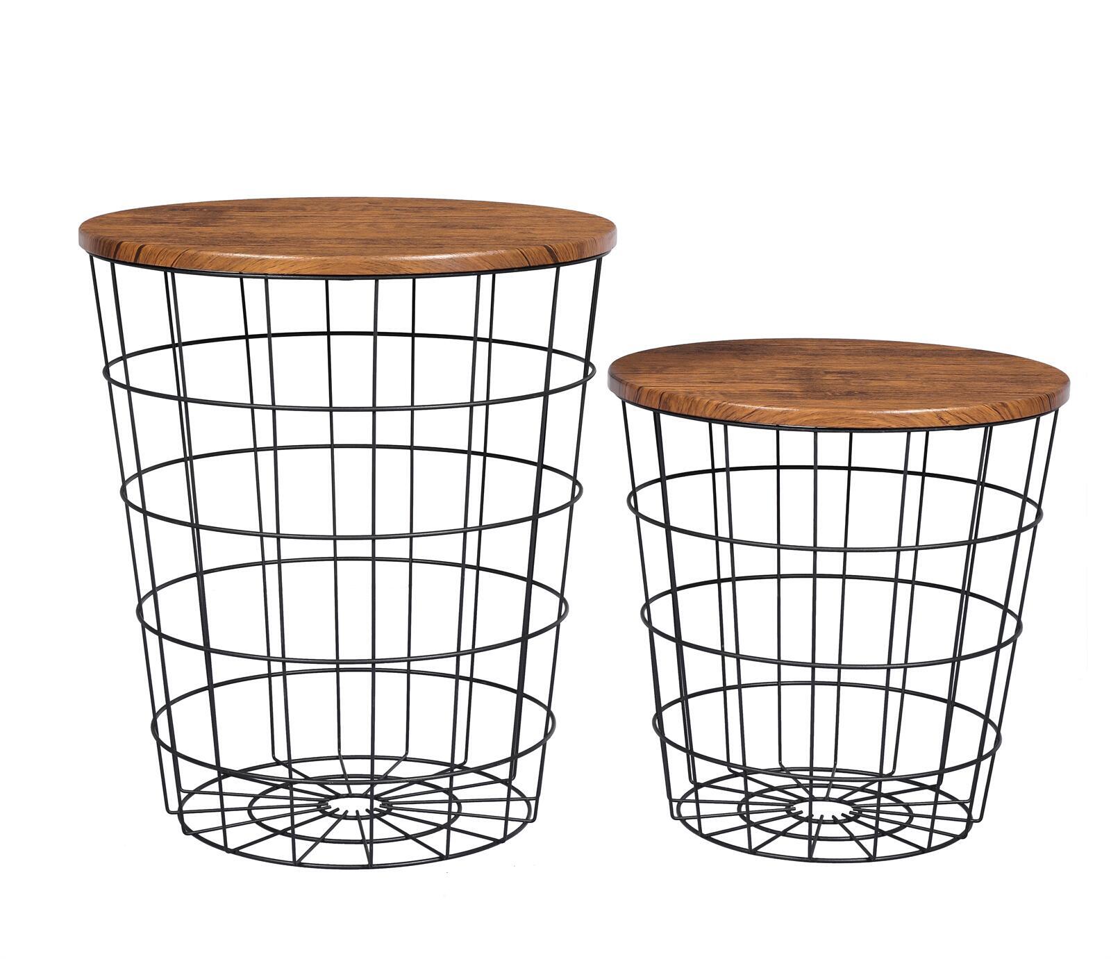 YES4HOMES Vintage Round Coffee Tables Set of 2 Side Tables Robust Steel Frame for Living Room Bedroom Rustic Brown and B