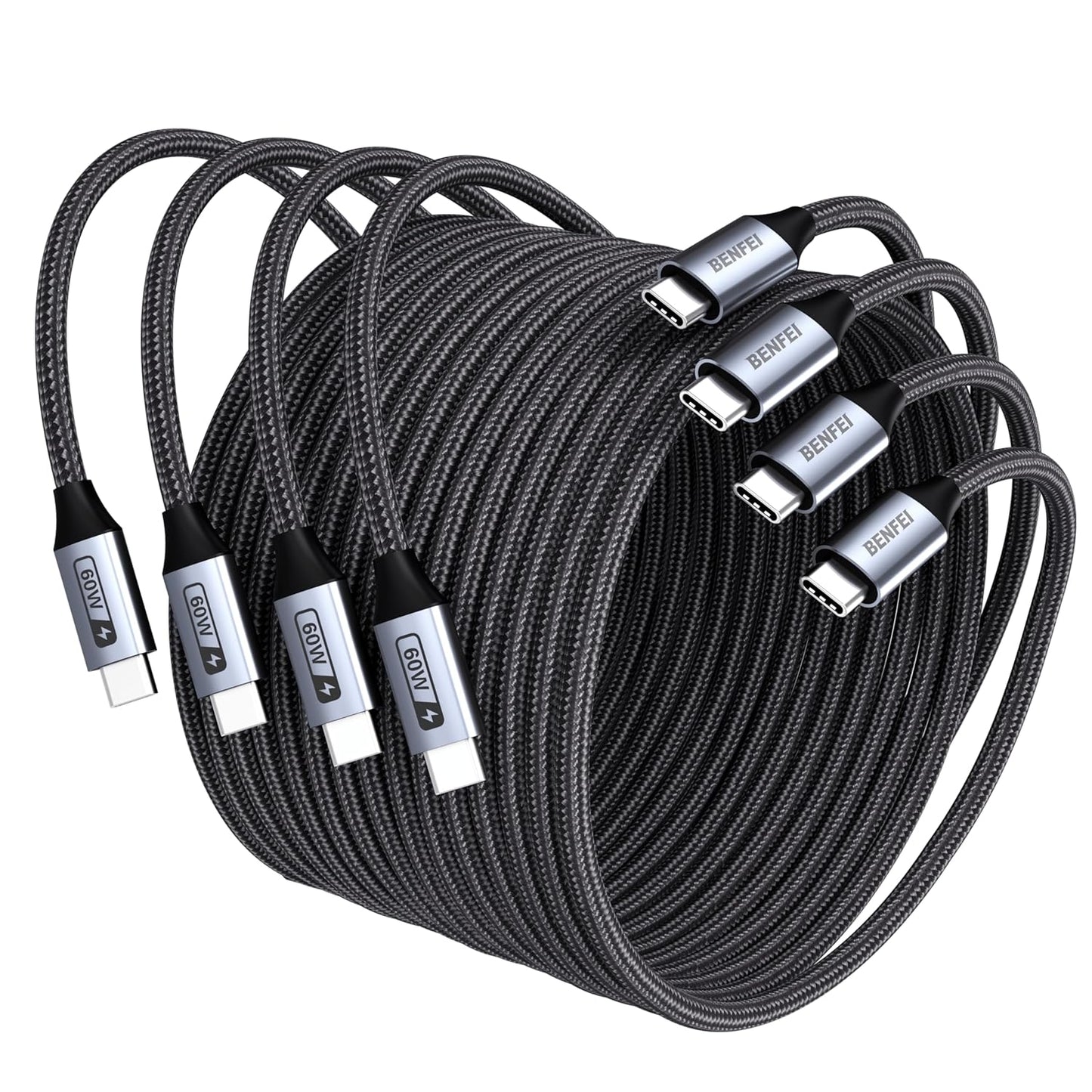 BENFEI 000382GY-4P USB C Fast Charging 60W Cable, 4-Pack(3.3ft/1M x 2 + /6.6ft/2M x 2) Nylon Braided Cable for I-phone 15/16/17 and Samsung / Google phone.