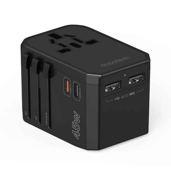 CHOETECH PD6045 GaN Tech 2C+2A 45W Travel Adapter with US EU UK AU Plugs Black