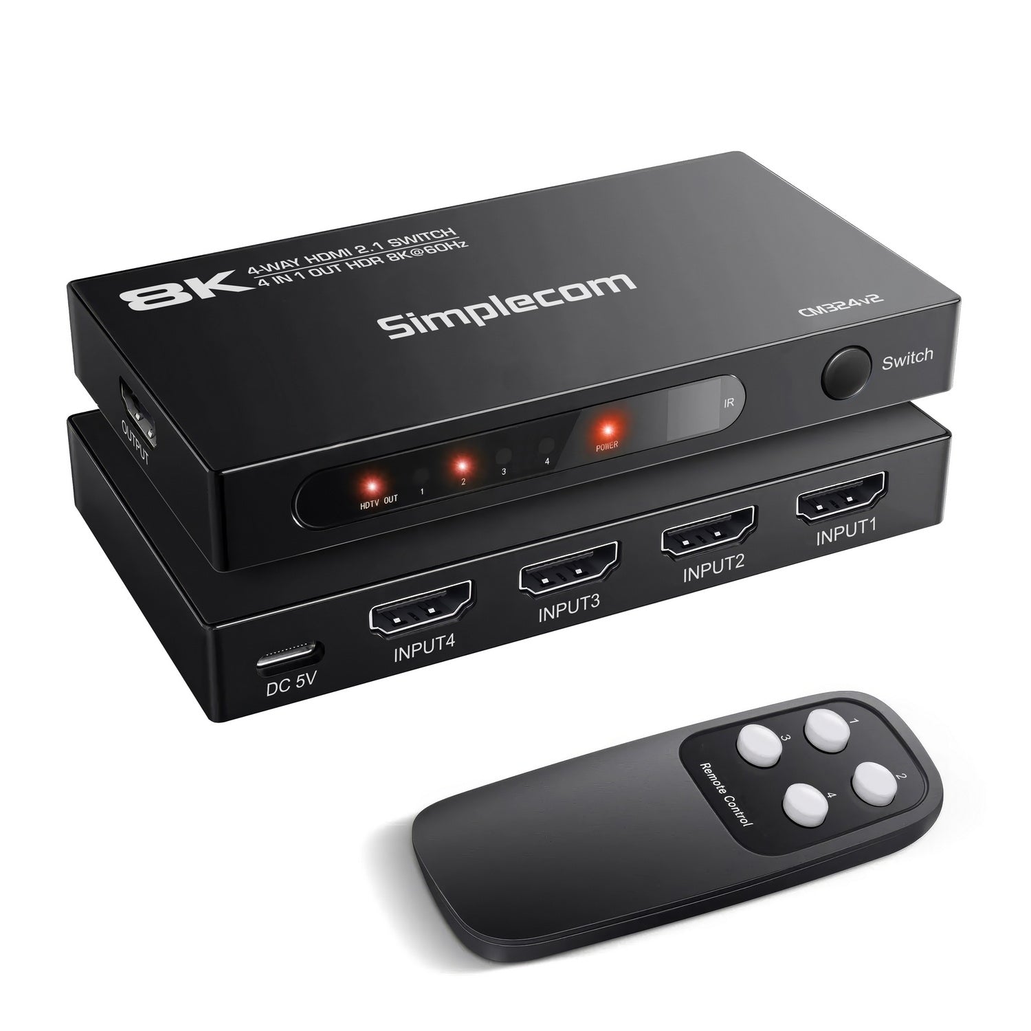 Simplecom CM324v2 4-Port HDMI 2.1 Switch with Remote 4 IN 1 OUT Splitter HDCP 2.3 8K@60Hz