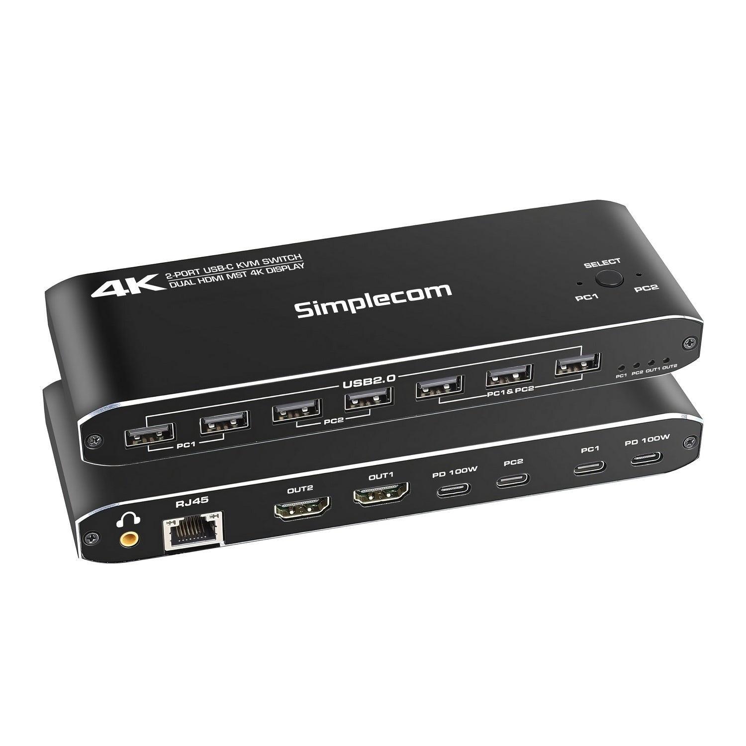 Simplecom KM590 2-Port USB-C Dual 4K HDMI Monitor KVM Switch and Docking Station with Network Sharing